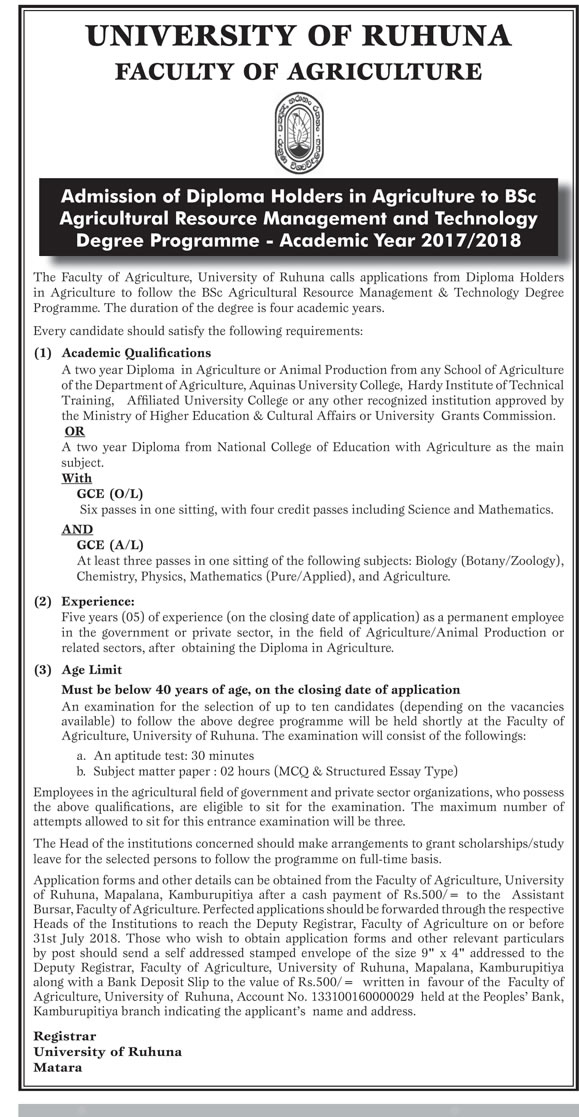 BSc Agricultural Resource Management & Technology Degree Programme (2017/2018) - Faculty of Agriculture - University of Ruhuna